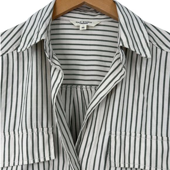 Max Studio | XS | Striped Tab Sleeve Collared V-neck Pullover Blouse Shirt - Picture 3 of 7
